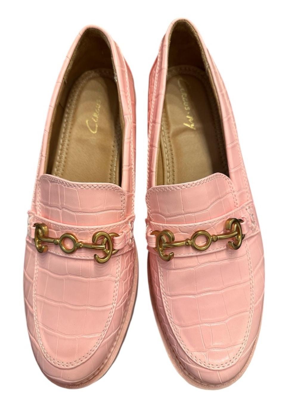 Circus by Sam Edelman Women's Pink Croc-Embossed Loafers with Gold Hardware 9.5